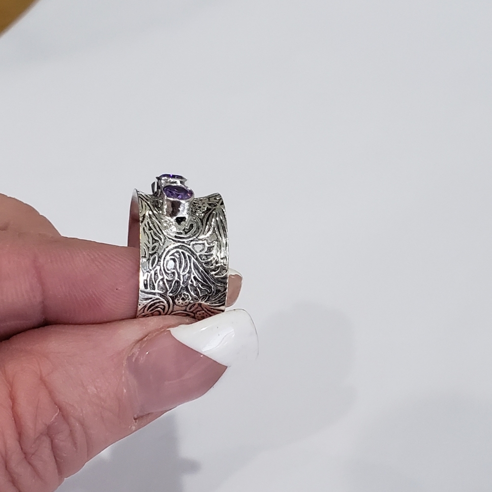 Amethyst ring, 925 silver amethyst ring, silver amethyst wide band ring - Picture 10 of 12